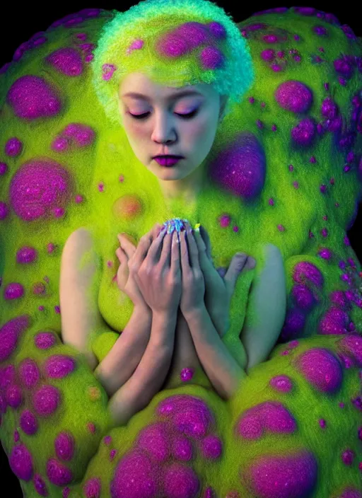 Image similar to hyper detailed 3d render like a Oil painting - kawaii Aurora (Singer) seen Eating of the Strangling network of yellowcake aerochrome and milky Fruit and Her delicate Hands hold of gossamer polyp blossoms bring iridescent fungal flowers whose spores black the foolish stars by Jacek Yerka, Mariusz Lewandowski, Houdini algorithmic generative render, Abstract brush strokes, Masterpiece, Edward Hopper and James Gilleard, Zdzislaw Beksinski, Mark Ryden, Wolfgang Lettl, hints of Yayoi Kasuma, octane render, 8k