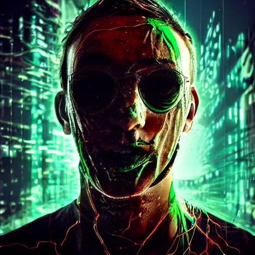 Image similar to glitchart cyberpunk man with translucent skin, with his face and head smeared with mud, and wrapped in bandages and electrical wiring, cinematic backlighting