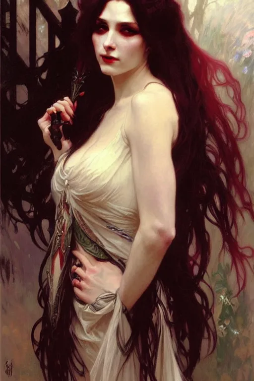 Image similar to vampire lady with long white hair, painting by daniel gerhartz, alphonse mucha, bouguereau, detailed art, artstation