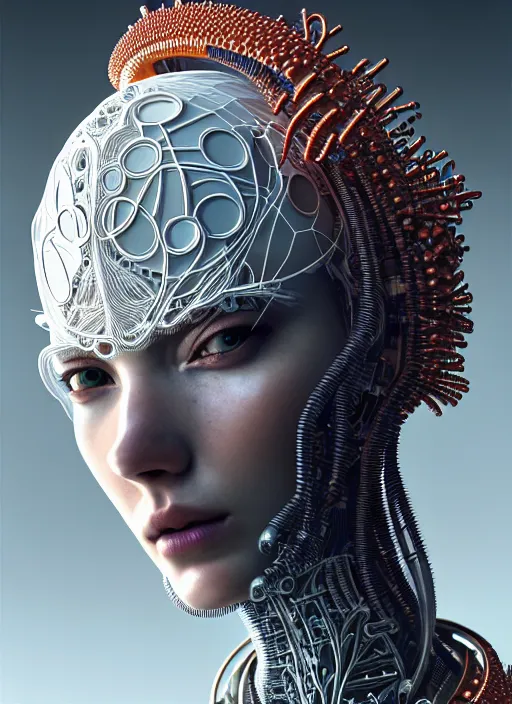 Image similar to portrait of an absurdly beautiful, graceful, sophisticated, fashionable cyberpunk mechanoid, hyperdetailed illustration by irakli nadar and alexandre ferra, intricate linework, white porcelain skin, faberge, coral headdress, unreal engine 5 highly rendered, global illumination, radiant light, detailed and intricate environment