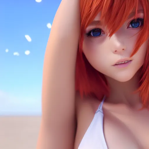 Prompt: render as a very beautiful 3d anime girl, short orange red hair, hazel eyes, full round face, short smile, white silver bikini, serene beach setting, cinematic lightning, medium shot, mid-shot, highly detailed, trending on Artstation, Unreal Engine 4k, cinematic wallpaper