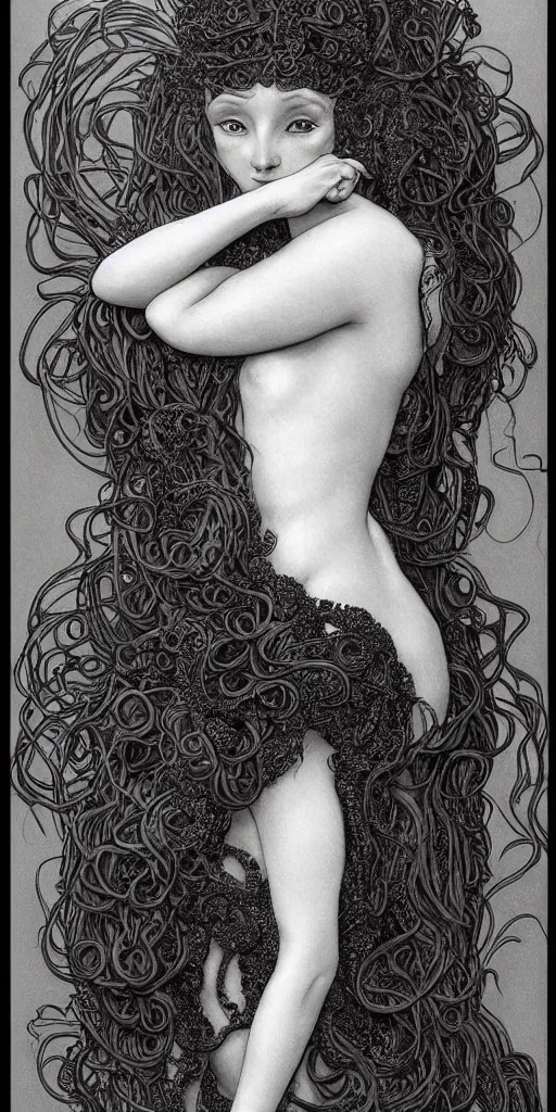 Image similar to a beautiful hyperrealistic portrait pose of a stunning Medusa model in a black glossy scaled dress, intricate, elegant, highly detailed, smooth, sharp focus, award-winning, masterpiece, in the style of Moebius, Brian Froud, John Bauer, Alphonse Mucha