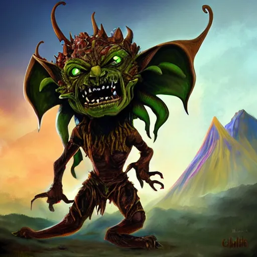 Image similar to a highly detailed goblin with dark skin and yellow eyes that glow, Like magic the gathering, goblin chainwalker, with a volcano in the background, digital art, by Christopher rush