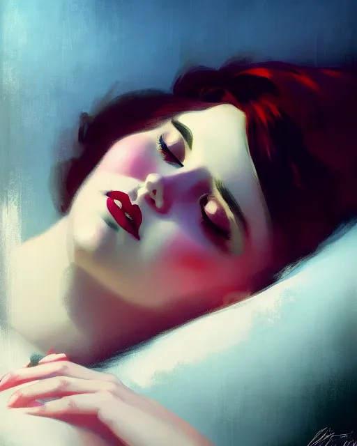 Image similar to stylized portrait by aykutmakut of an artistic pose, composition, young victorian sleeping fancy lady in bed, cinematic moody colors, realistic shaded, fine details, realistic shaded lighting poster by ilya kuvshinov, magali villeneuve, artgerm, jeremy lipkin and michael garmash and rob rey