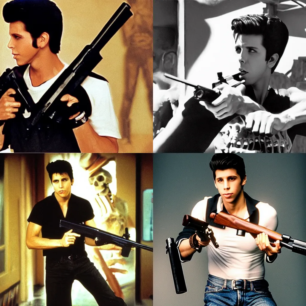 Prompt: photo of danny zuko holding a shotgun, surrounding skeletons, large gun