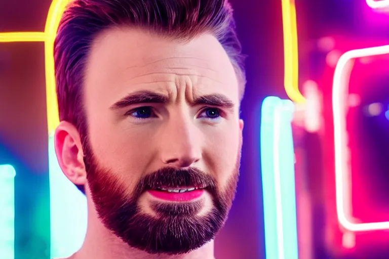 Image similar to chris evans, posing for the camera, neon lighting, closeup!!!!!!, macro!!!!!!, 3 5 mm!!!!!! lens, comprehensive art, neon!!!!!! atmosphere, intricately detailed, indistinguishably unique, 4 k, 8 k, detailed facial features