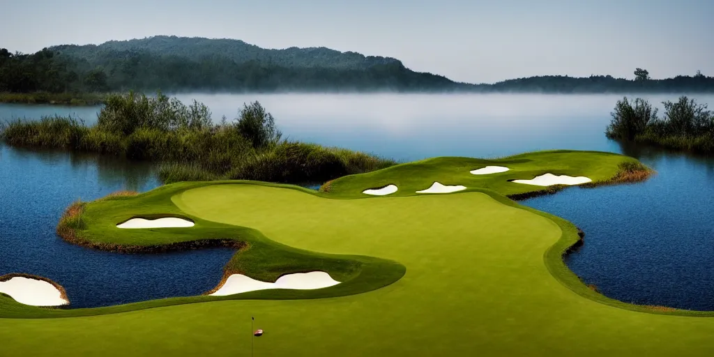 Image similar to a great photograph of the most amazing golf hole in the world completely surrounded by water, calm water, perfect light, ambient light, miniature, tilt shift lens, golf digest, top 1 0 0, fog