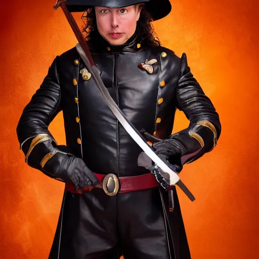 Prompt: photo of elon musk as a musketeer, he has a big black hat with a red feather, he is holding a shiny rapier sword, he is posing and looking straight to the camera, brown background, studio lighting, 4 k, 8 k