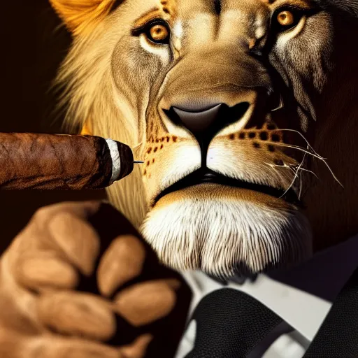 Image similar to a lion smoking a cigar wearing a suit, subject= lion, subject detail: wearing a suit, subject action: smoking a cigar, dramatic lighting, cinematic lighting, establishing shot, photorealistic, high details, cinematic, 8k resolution, extremly detailed, photorealistic, artstation, unreal engine