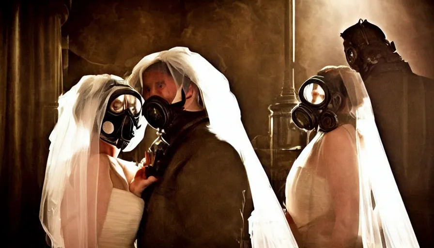 Image similar to disturbing big budget hollywood movie bride and groom wearing gas masks at the marriage of reason and squalor perfect composition dramatic lighting chiaroscuro