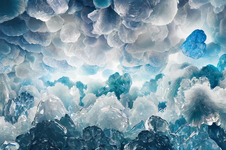 Prompt: simplicity, a flock of many puffy clouds tangled into large whirling ultra detailed clumps of crystal specimens, abstract environment, playful, award winning art, epic dreamlike fantasy landscape, ultra realistic,