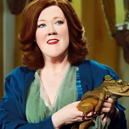 Image similar to Catherine O’Hara as Moira Rose, holding a toad