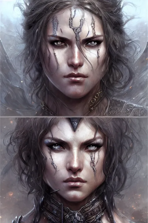 Image similar to portrait of a barbarian, female, high fantasy, dnd, face details, extremely detailed, smooth, sharp focus, digital illustration, by luis royo, magali villeneuve, donato giancola, wlop, krenz cushart, artgerm