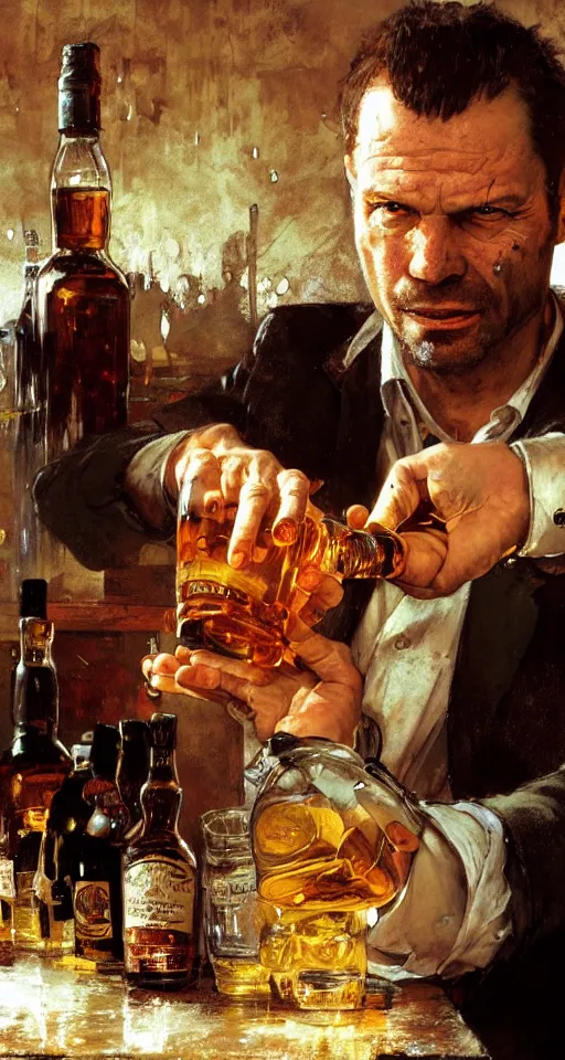 Image similar to close up of bloodied max payne pouring whisky, sun shining, photo realistic illustration by greg rutkowski, thomas kindkade, alphonse mucha, loish, norman rockwell.