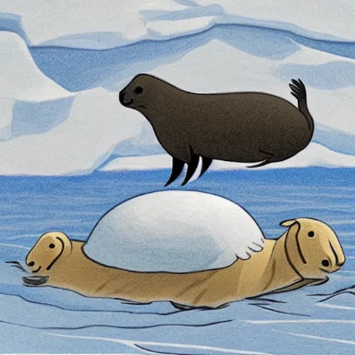 Prompt: cartoon drawing of a seal tossing a ball with a sheep in antarctica. the seal's head is peaking above the water