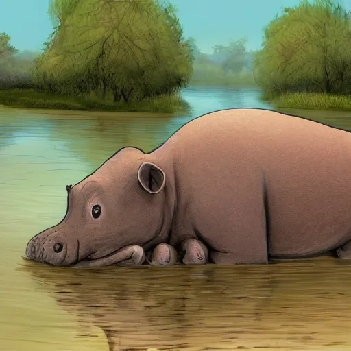 Prompt: very sad hippo waking up in a beautiful river landscape, birds flying, sunrise, drawn by brigette barager, intricate details, beautiful shading, emotional, trending on artstation