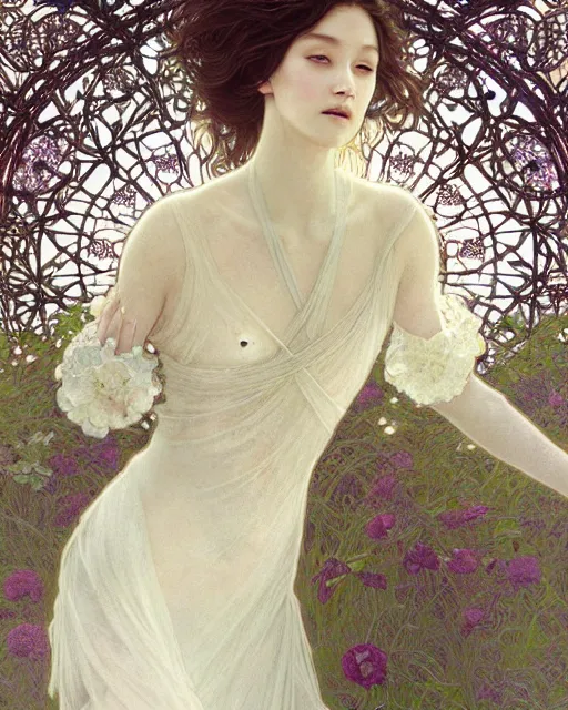 Image similar to Ethereal Floralpunk elysian Maiden of radiant light wearing ivory lace dress made of stardust masterpiece digital illustration by Ruan Jia and yasumoto oka, award winning, Artstation, art nouveau aesthetic, Alphonse Mucha background, intricate details, realistic, full view, Hyperdetailed, 8k resolution, Artstation, behance