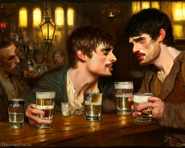 Prompt: attractive bradley james and attractive colin morgan go to a pub together to have some drinks. highly detailed painting by gaston bussiere, craig mullins, j. c. leyendecker 8 k