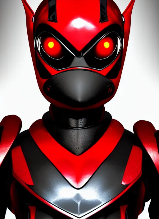 Image similar to kamen rider character, design by shotaro ishinomori, bionic, intriguing, highly detailed, black textured, oval red glow eye, 4 k, hdr, award - winning, artstation, octane render