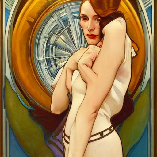 Image similar to a streamline moderne painting in the style of donato giancola, and in the style of charlie bowater, and in the style of alphonse mucha. symmetry, smooth, sharp focus, semi - realism, intricate detail.