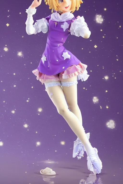 Prompt: A GoodSmile anime figure of a cute magical girl with short blonde hair wearing purple short puffy pants, an oversized beret, white tights covered in stars, and a long billowing scarf. Short hair. intricate details, realistic, Hyperdetailed, 8k resolution, intricate art nouveau, Octane Render. Ami Ami.