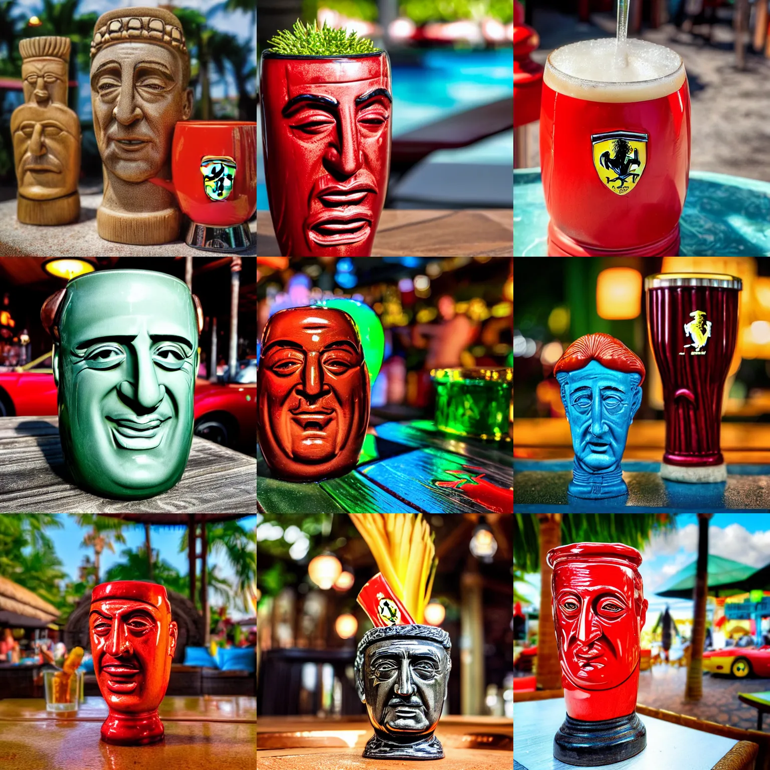 Prompt: a closeup photorealistic capture of a glossy ferrari themed tiki mug at at an outdoor trader vic's bar featuring the young enzo ferrari's face. tiki party. bright scene. fine detail. this 4 k hd image is trending on artstation, featured on behance, well - rendered, extra crisp, features intricate detail, epic composition and the style of unreal engine.