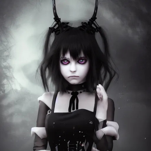 Prompt: photorealistic full shot portrait of cute angry darkness anime girl, gothic clothing, worrying eyes, inspired by Tim Burton, detailed, unreal engine 4k volumetric light, fog,