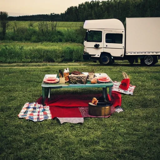 Prompt: two trucks having a picnic