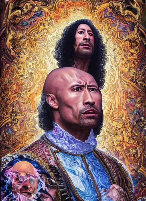 Image similar to beautiful oil painting, portrait of Dwayne the rock Johnson as Louis xiv in coronation robes 1701, Dan Mumford, Dan Mumford, Alex grey, Alex grey, lsd visuals, dmt fractal patterns, entheogen, psychedelic, hallucinogen, highly detailed, ornate, vaporwave