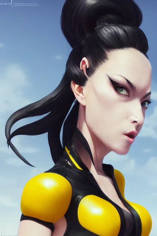 Prompt: black ponytail hair, pale woman in a black zipper jacket and yellow bikini, yellow eyes, by artgerm, hair tied in a ponytail, black backdrop, masterpiece, beautiful render, matte painting, realistic, fighting pose, dynamic angle, by greg rutkowski makoto shinkai takashi takeuchi