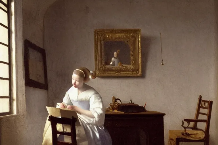 Image similar to a young lady in a baroque white dress, studying with headphones in a messy teenager's room by makito shinkai and vermeer, warm light, highly detailed