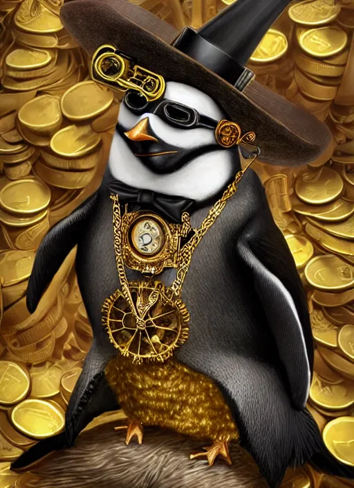 Image similar to athropomorphized rich penguin capitalist sitting on pile of gold, wearing steampunk top hat, steampunk goggles, casting spell, concept art, insanely detailed and intricate, hypermaximalist, elegant, ornate, hyper realistic, super detailed, art deco, cinematic, trending on artstation, magic the gathering artwork