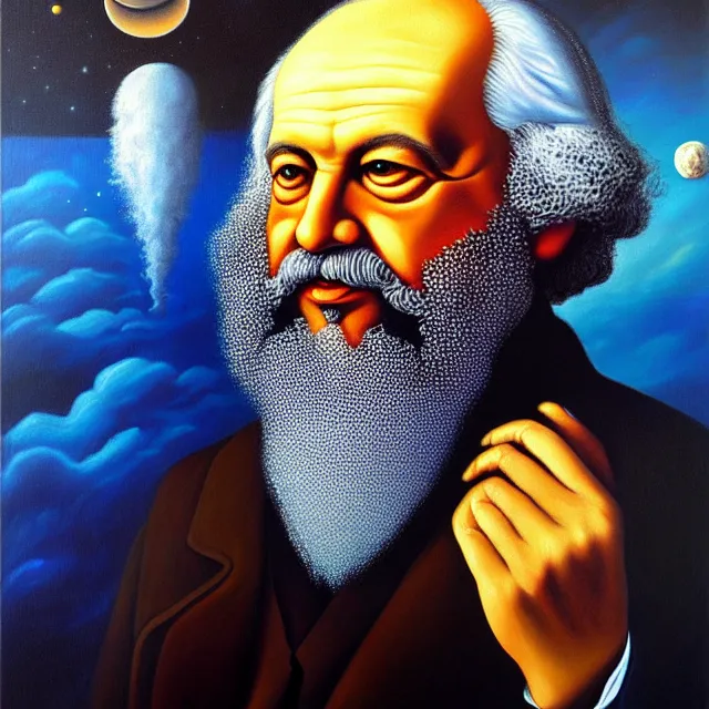 Image similar to an oil on canvas portrait painting of karl marx, surrealism, surrealist, cosmic horror, rob gonsalves, high detail