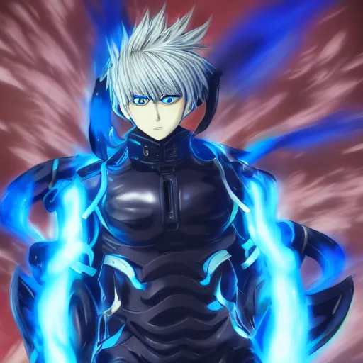 Image similar to portrait of the genos blue flame arms mode, anime fantasy illustration by tomoyuki yamasaki, kyoto studio, madhouse, ufotable, comixwave films, trending on artstation