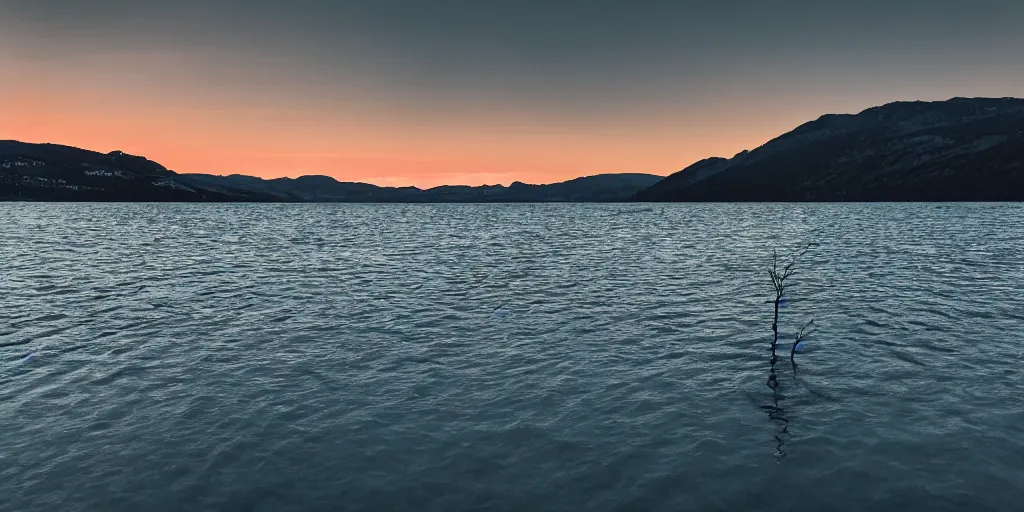 Image similar to rope floating in the water in the middle of a lake, a rocky foreground, mountains in th ebackground, sunset, a bundle of rope is in the center of the lake, eerie vibe, leica, 2 4 mm lens, 3 5 mm kodak film, directed by charlie kaufman, f / 2 2, anamorphic