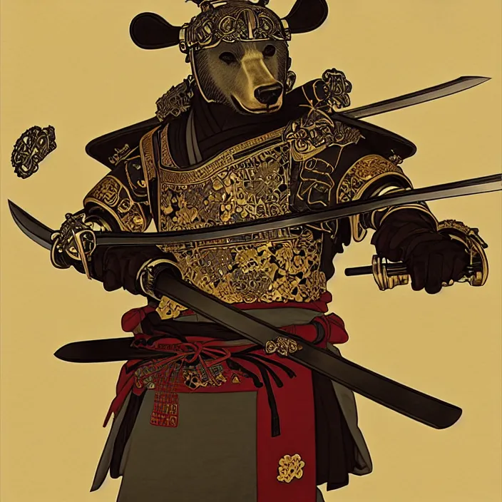 Image similar to anthropomorphic samurai bear cyborg, cyborg bear, sword held in hand, fantasy, intricate, highly detailed, lifelike, photorealistic, digital painting, artstation, illustration, concept art, smooth, sharp focus, art by alphonse mucha and kitagawa utamaro and ogata korin and aya takano