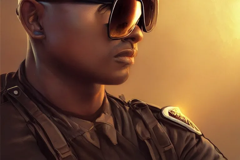 Image similar to Beautiful portrait of a skin glowing male police officer wearing cool shades. wide angle, magic, fire, darkness, dramatic lighting, Africa, intricate, wild, highly detailed, digital painting, artstation, concept art, smooth, sharp focus, illustration, art by artgerm and greg rutkowski and alphonse mucha, footage from space camera