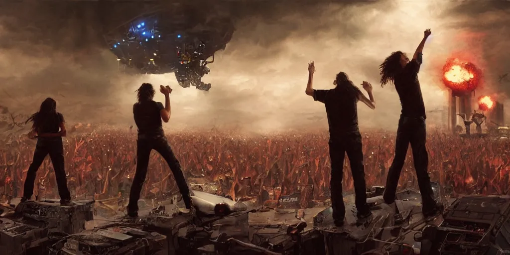 Image similar to concept art, of [ rage against the machine ] band memebers on a stage, front shot!!! humans fighting with robots behind!!, detailed, dark concept art, dark skies painting by wlop, nixeu and greg rutkowski, beautiful, semirealism, artstation, octane render, oil painting, sharpness, 8 k, golden ratio