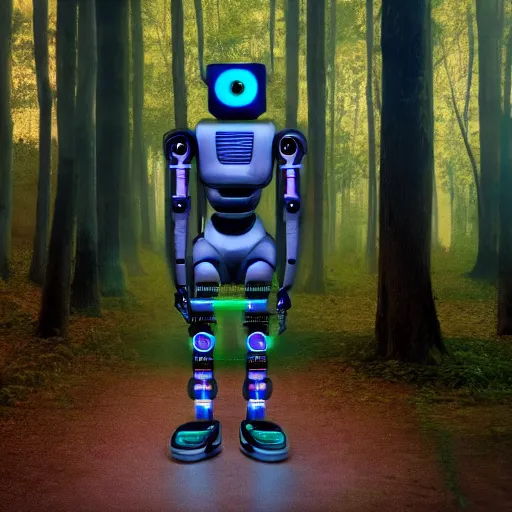 Prompt: A cyberpunk robot made of a cardboard box, crayon face, walking through the forest, dof, cinematic lighting, hyperrealistic, extremely detailed