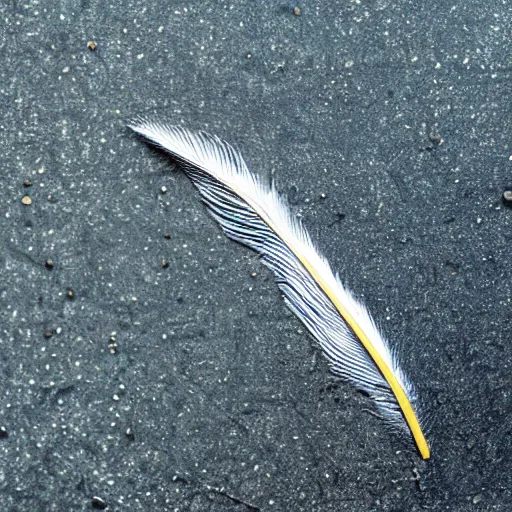 Prompt: a bird feather dipped in oil slick tar