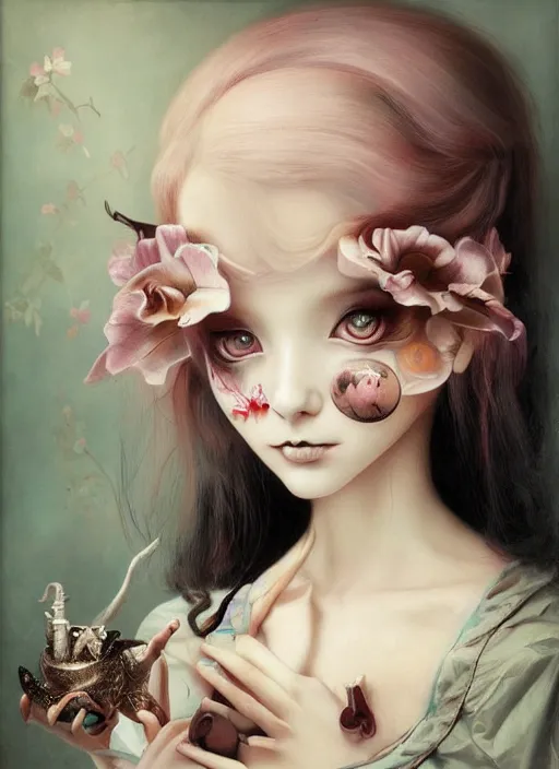 Image similar to ! dream pop surrealism, lowbrow art, realistic anime cute alice girl painting, japanese street fashion, hyper realism, muted colours, rococo, natalie shau, loreta lux, tom bagshaw, mark ryden, trevor brown style,