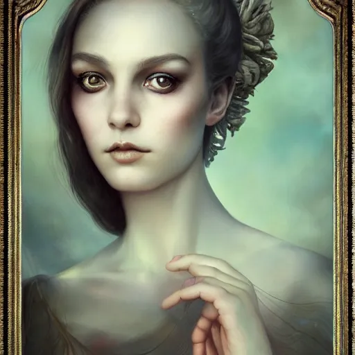 Prompt: By Tom Bagshaw, photorealistic soft paint portrait of a beautiful female face in full long dress curiosities carnival with mushrooms, symmetry accurate features, very intricate details, focus, ominous sky, rainbow lighting, volumetric clouds, god rays