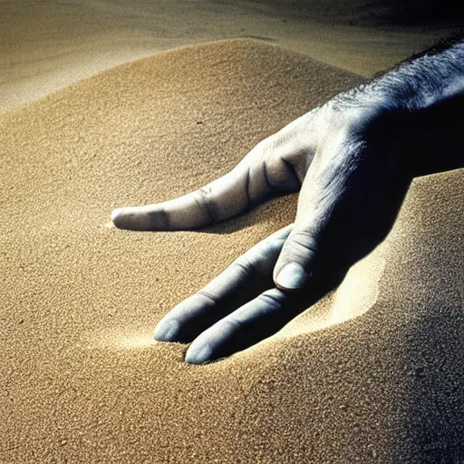 Image similar to chrome hand emerging from sand, high angle view, surrealist album cover art by storm Thorgerson, 1978