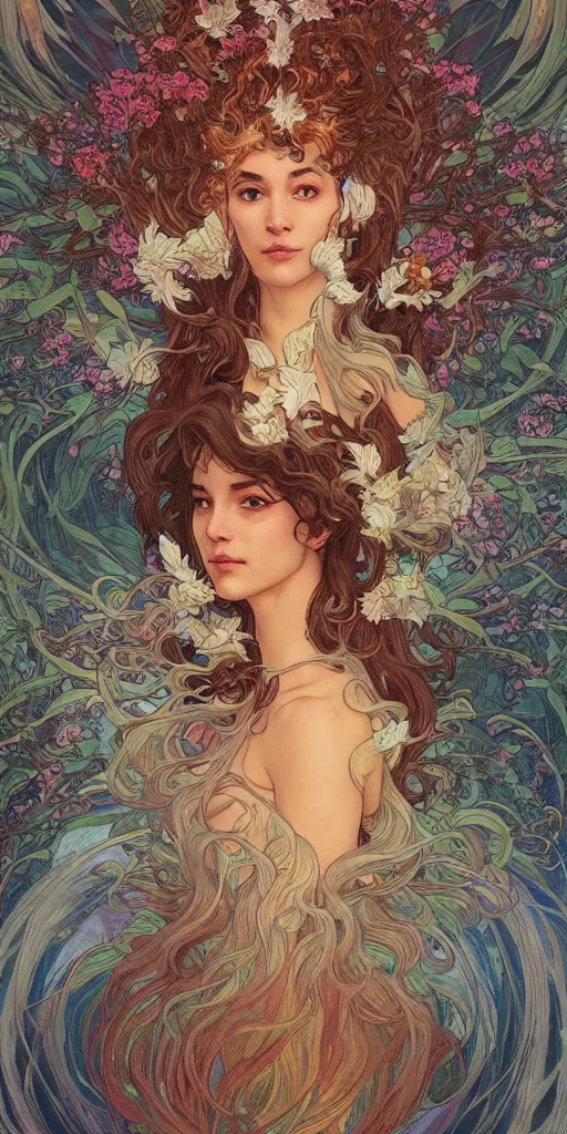 Prompt: Portrait of phoenix surrounded by spirit waves while rising from a chasm with flowers blossoming, fantasy, intricate, elegant, highly detailed, digital painting, artstation, concept art, smooth, sharp focus, illustration, art by Fernanda Suarez and Artem Demura and alphonse mucha