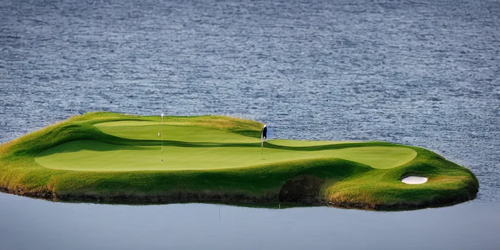 Prompt: a great photograph of the most amazing golf hole in the world completely surrounded by water, calm water, perfect light, loch ness monster, ambient light, miniature, tilt shift lens, golf digest, top 1 0 0, fog