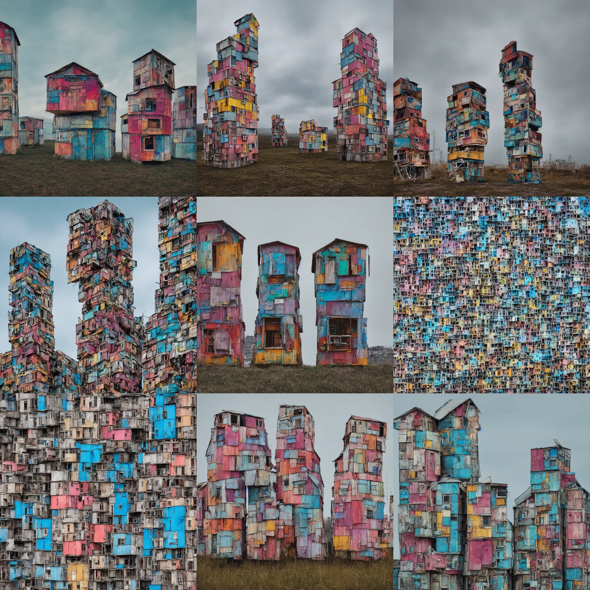 Prompt: close - up view of two symmetrical towers made up of colourful makeshift squatter shacks, faded colours, uniform off - white sky, dystopia, hasselblad x 1 d, very detailed, photographed by cristina de middel