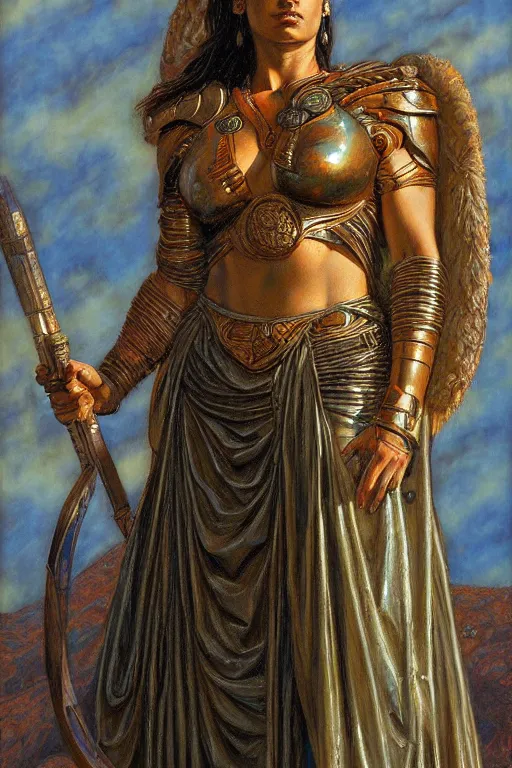 Prompt: the Greek godess Hera looking angry, rusty armor, portrait, by Donato Giancola