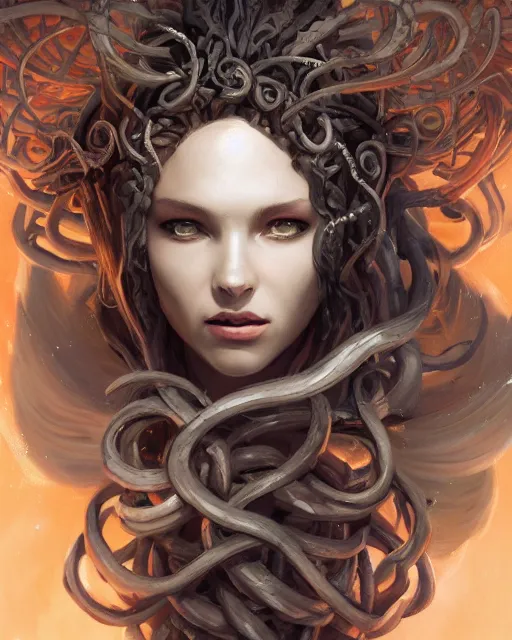 Image similar to portrait of a gorgeous Medusa , magic the gathering artwork, D&D, fantasy, cinematic lighting, centered, symmetrical, highly detailed, digital painting, artstation, concept art, smooth, sharp focus, illustration, volumetric lighting, epic Composition, 8k, art by Akihiko Yoshida and Greg Rutkowski and Craig Mullins, oil painting, cgsociety