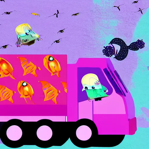 Prompt: A photograph of a purple garbage truck with beautiful sea creatures hovering above it