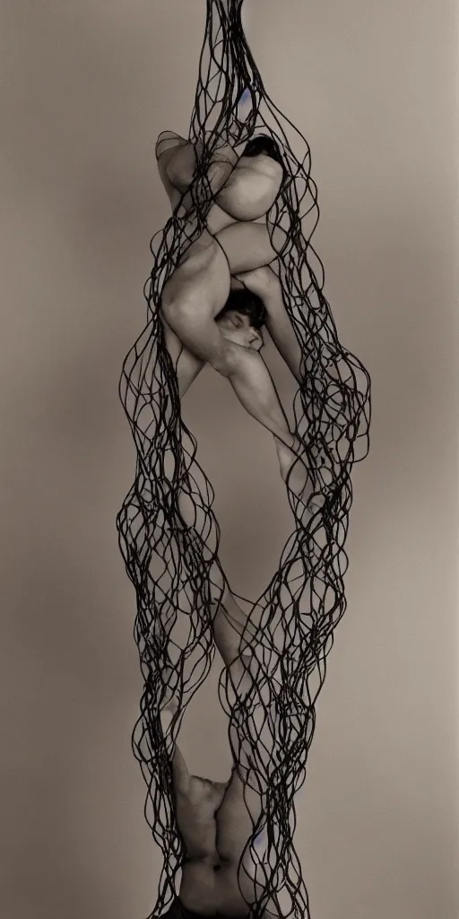 Prompt: beautiful female bodies intertwined, steel shibari ropes wrapped around bodies, surrealism, abstract, no face, color gradients,